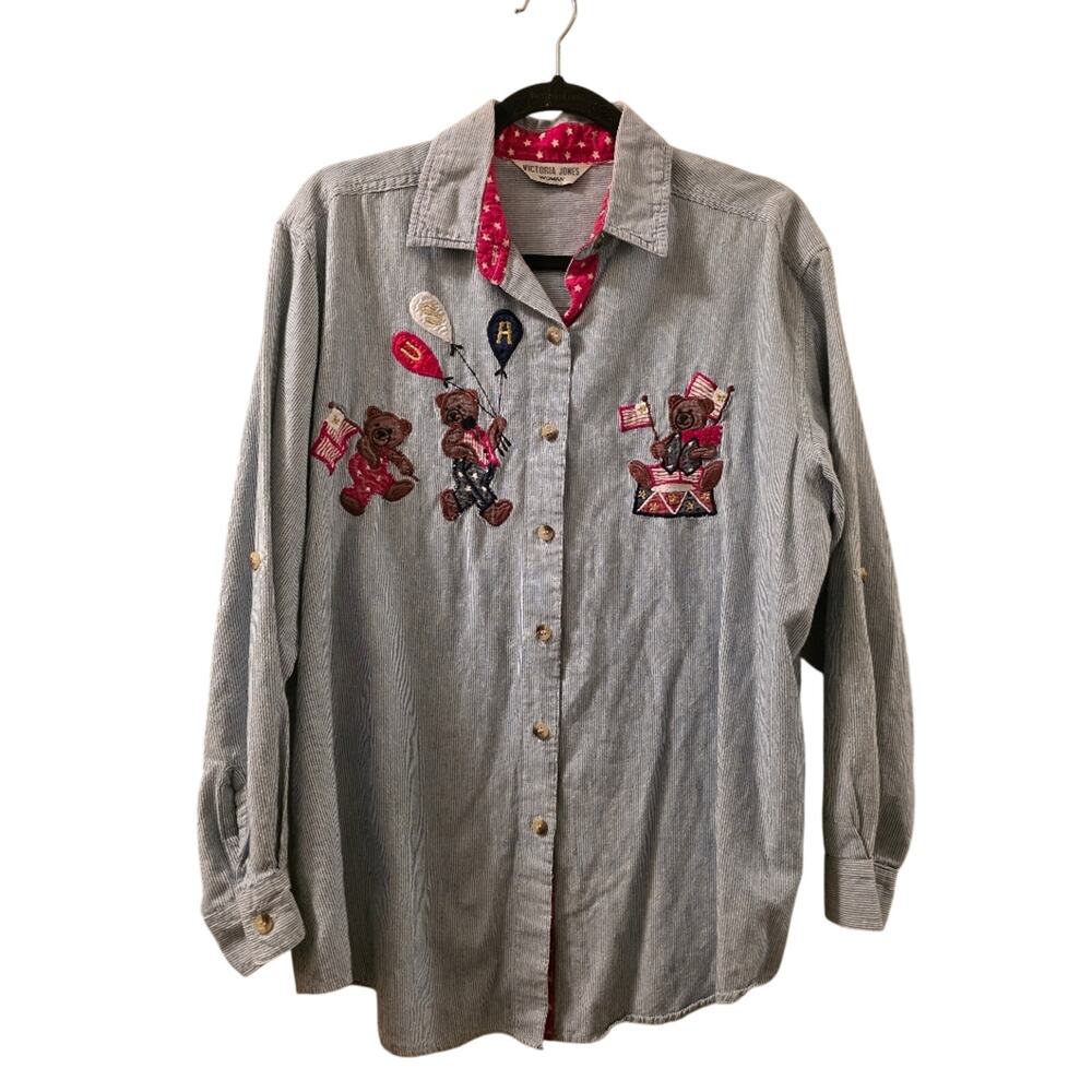 Vtg 90s USA Bear Embroidered Long Sleeve Denim Shirt XL Stripped Boho Cottage